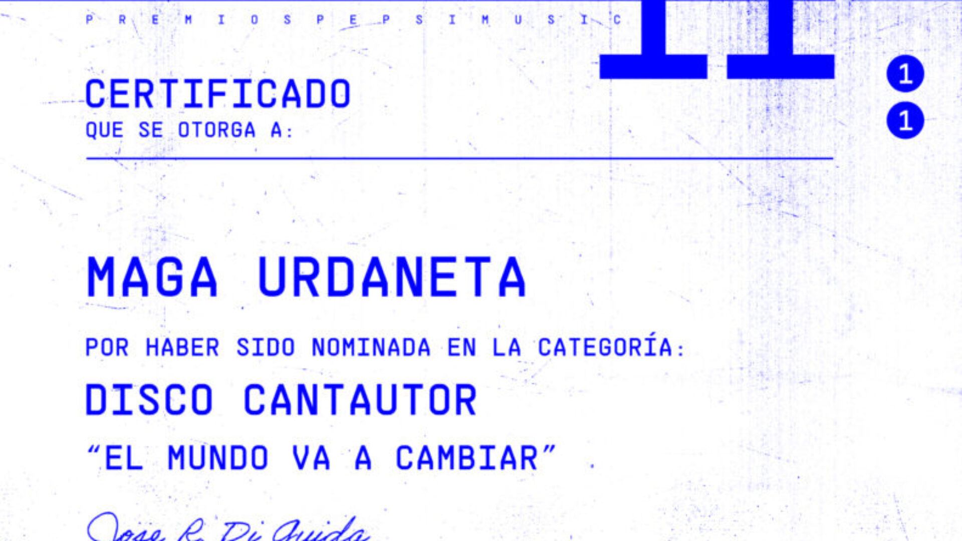 Certificado Maga Urdaneta Premios Pepsi Music 11va Edición